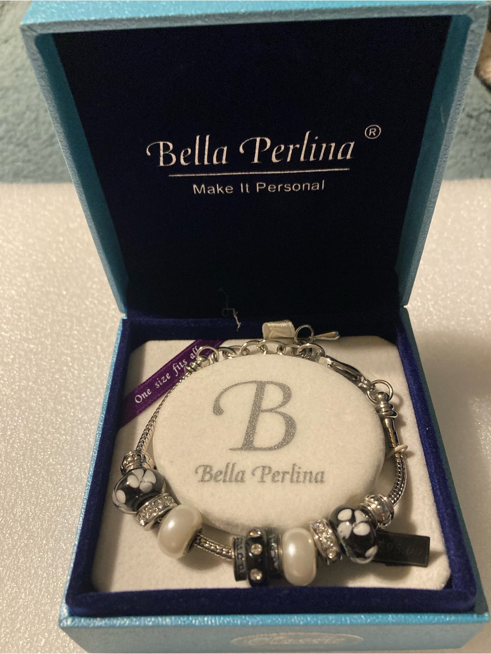 bella Perlina Silver Tone Bracelet with Black & White Beads